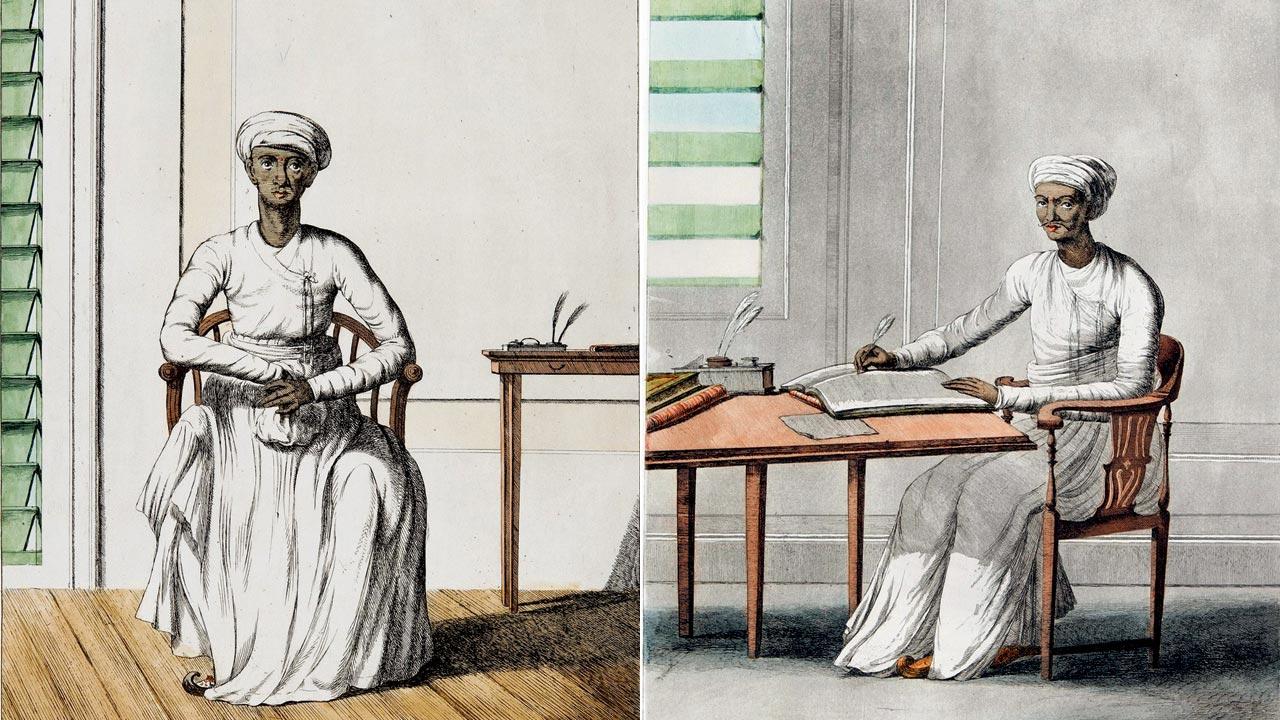 Bannean (bania): The Bannyan is the chief of domestics, a sort of superintendent or steward of the household, and transacts in short the business of his master; (right) Causto (kayastha): They write very well, even the langauges of the foreign nations who trade in India and are frequently employed… in all commercial relations
