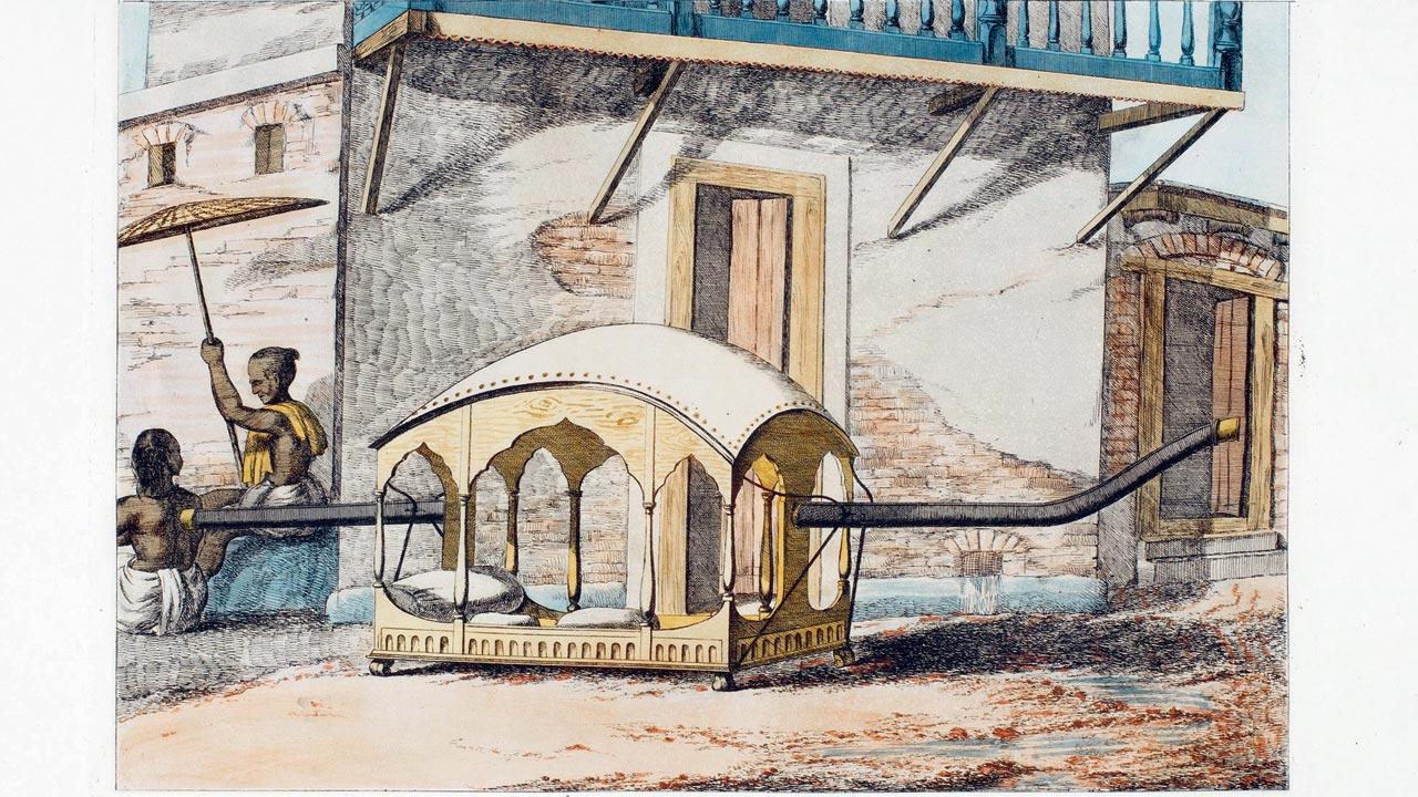Mejana (miyana): The Mejana is almost always carried by Begalies or Doulias. The nackground represents a Hindoo house of very simple structure, although belonging to a rich master. Pics Courtesy/The DAG Collection