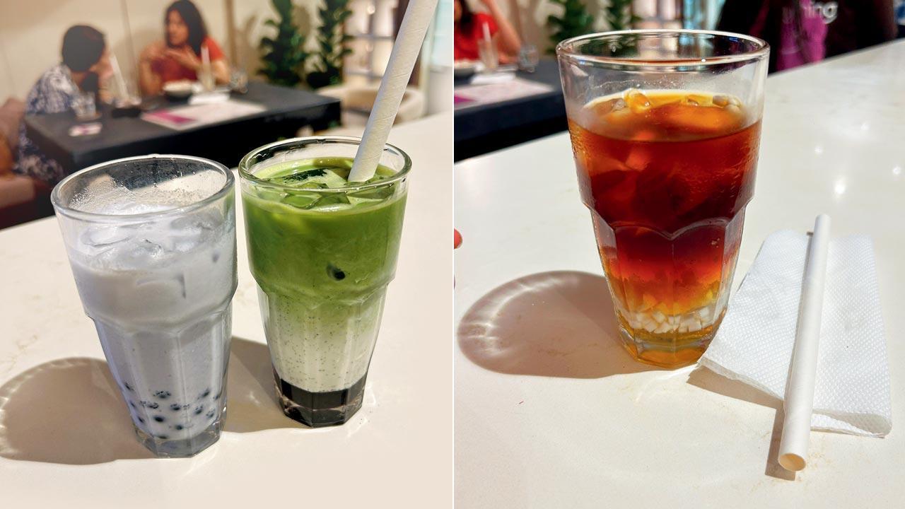 Taro boba and blueberry matcha; (right) The coconut malai cold brew is for black coffee fans. Pics/Devanshi Doshi