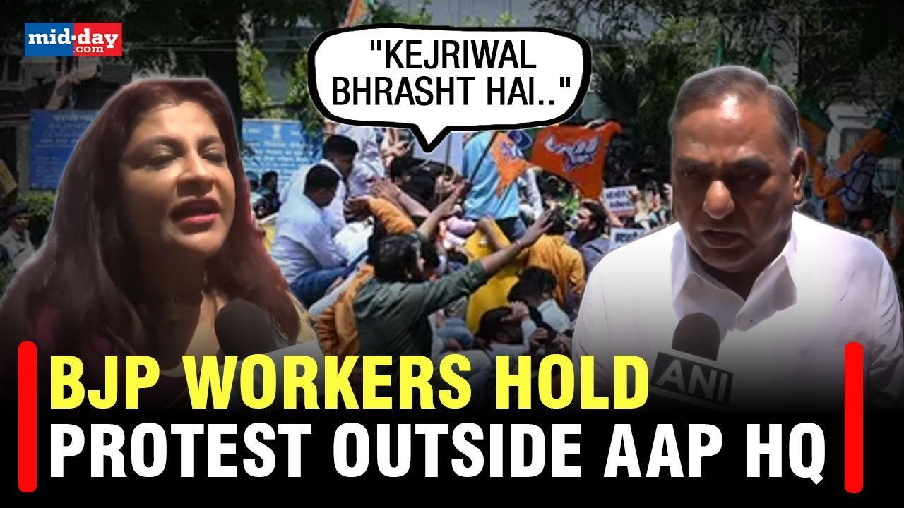 BJP leaders & workers protest outside AAP headquarters, want Kejriwal to quit