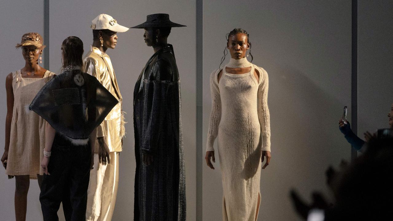 Models present creations by the South African brand Viviers founded by South African designer Lezanne Viviers during the second day of the 2024 edition of the SA Fashion Week at the Mall of Africa in Midrand. File/AFP