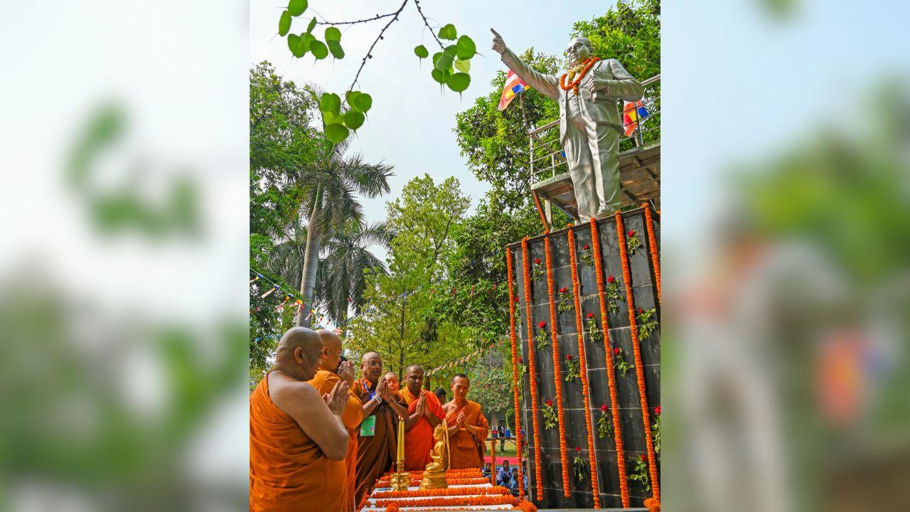 Buddhist Monks pay tribute to BR Ambedkar on the occasion of his birth anniversary, in Gaya district, Sunday, April 14, 2024. (PTI Photo) 