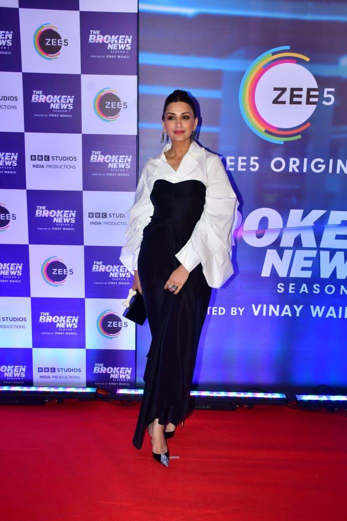 Sonali Bendre looked stunning in a black and white gown as she attended The Broken News 2 screening