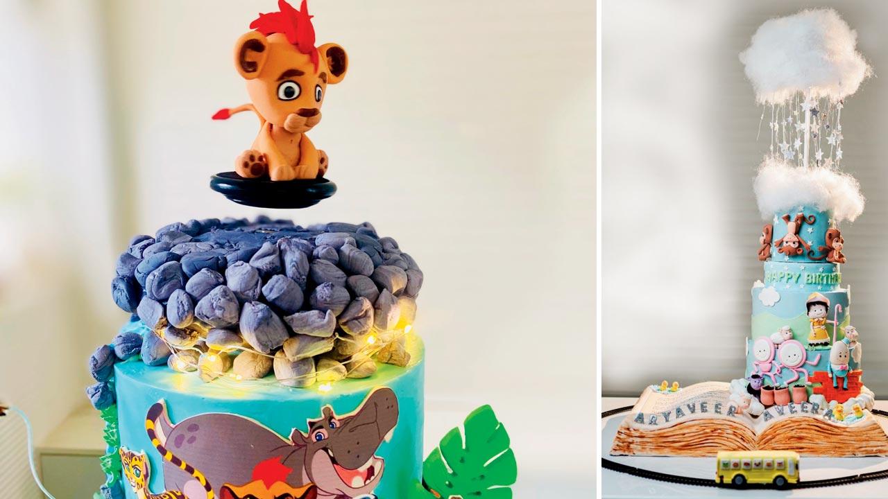 Mehrotra’s cakes have levitating elements; (right) nursery rhyme cake