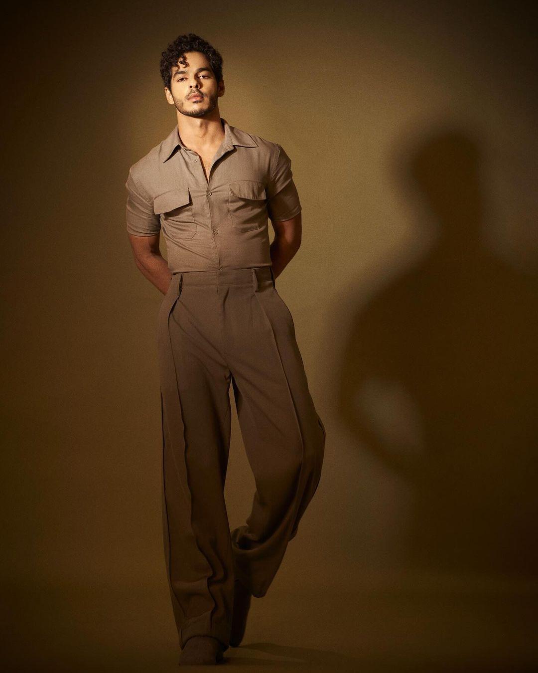 Ishaan Khatter opted for a classic yet stylish look with his beige shirt and trousers.
