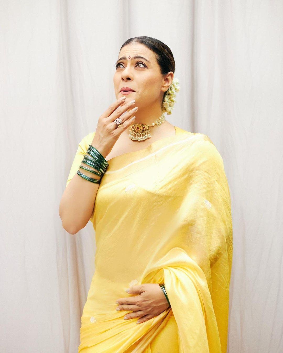 For Chaitra Navratri Day 3, you might want to wear a stunning yellow saree just like Kajol's. She rocked a yellow saree and blouse from Raw Mango, looking absolutely beautiful in her Indian attire. 
