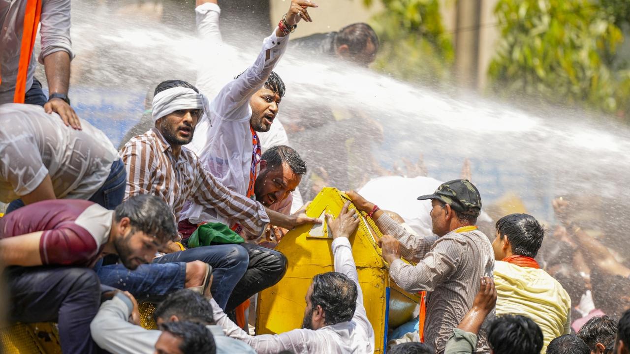 The BJP held the protest near the AAP headquarters on DDU Marg. Police used water cannons to disperse the protesters. In the commotion, the party's Delhi unit chief Virendra Sachdeva was injured and was taken to RML Hospital