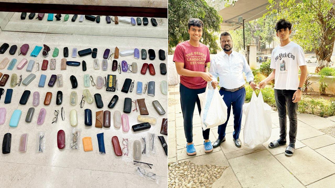 Used spectacles; (right) Mohta (in red), and Patodi hand over the collection to a distributor (centre)