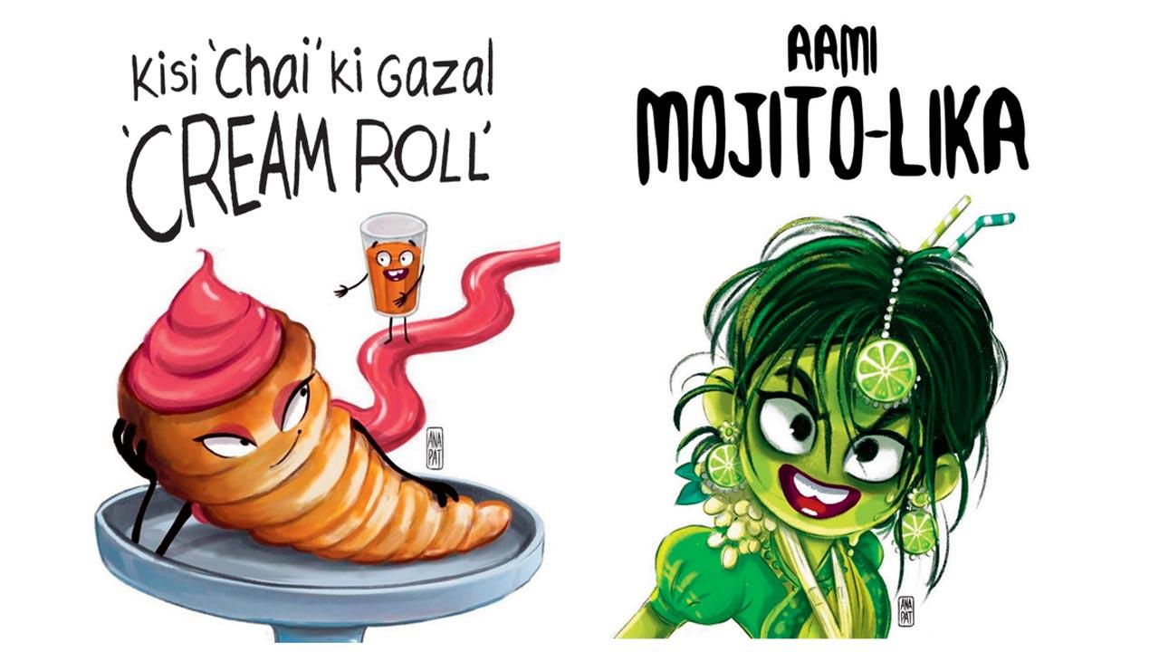  Ana Patankar reimagines Indian specialties like (left) cream roll as a person; (right) she gives mojito a Bollywood character avatar
