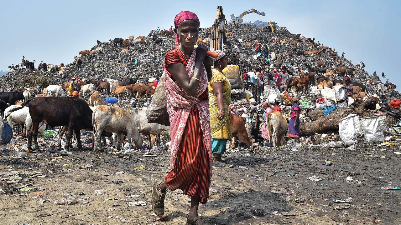Ragpickers sort waste at a large dump on the World Earth Day, in Guwahati, Monday, April 22, 2024. (PTI Photo)
