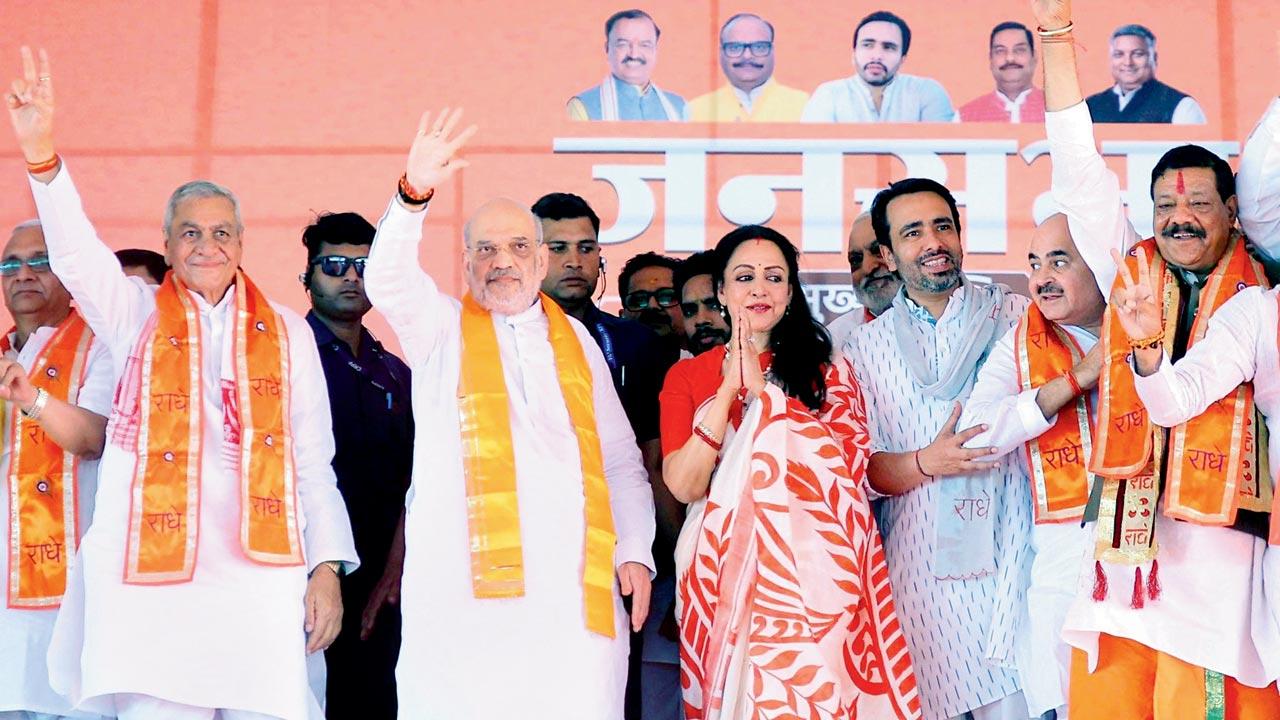 Amit Shah and Hema Malini at a rally in Mathura