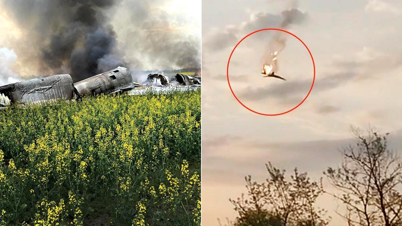 The Russian Tu-22M3 long-range strategic bomber after it crashed in an agricultural field; The bomber in flames before crashing  Pics/X