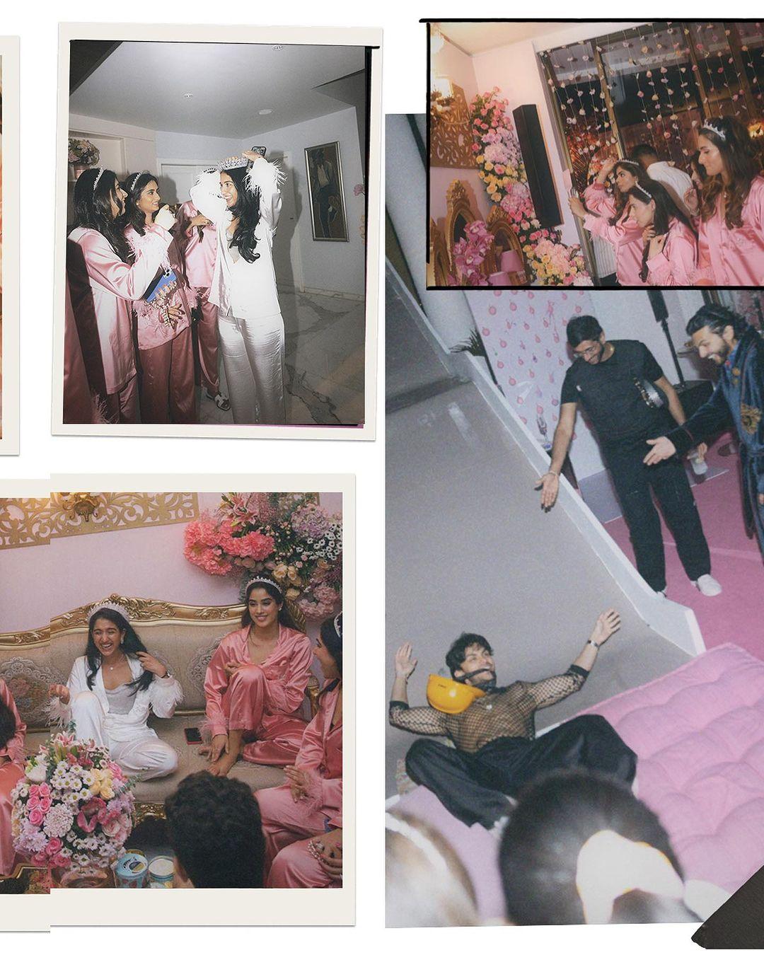 In this collage of four pics, we can see so much fun. One picture has Janhvi seated next to Radhika, while another has Shikhar enjoying the party. A picture shows Radhika adjusting her crown