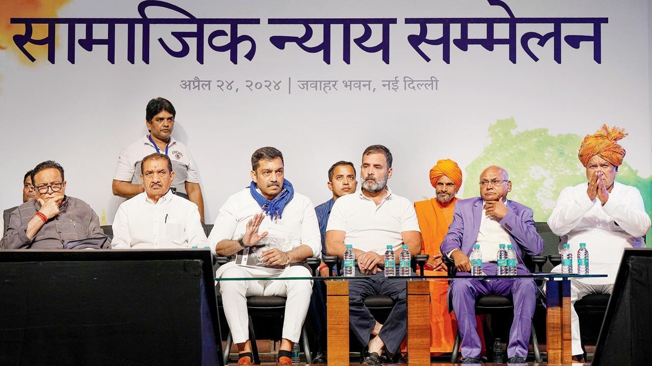 Congress leaders Rahul Gandhi and Rajesh Lilothia (third from left), and political theorist Kancha Ilaiah Shepherd (second from right) during the ‘Samajik Nyay Sammelan’ at Jawahar Bhavan, in New Delhi on Wednesday. Pic/PTI 