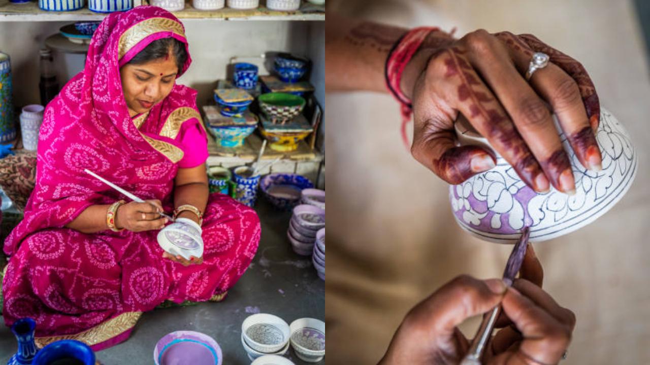 Jaipur Blue Pottery: This unique form of pottery originated in Jaipur, Rajasthan, and is known for its vibrant blue and white patterns, created using a distinctive technique involving quartz powder and glass