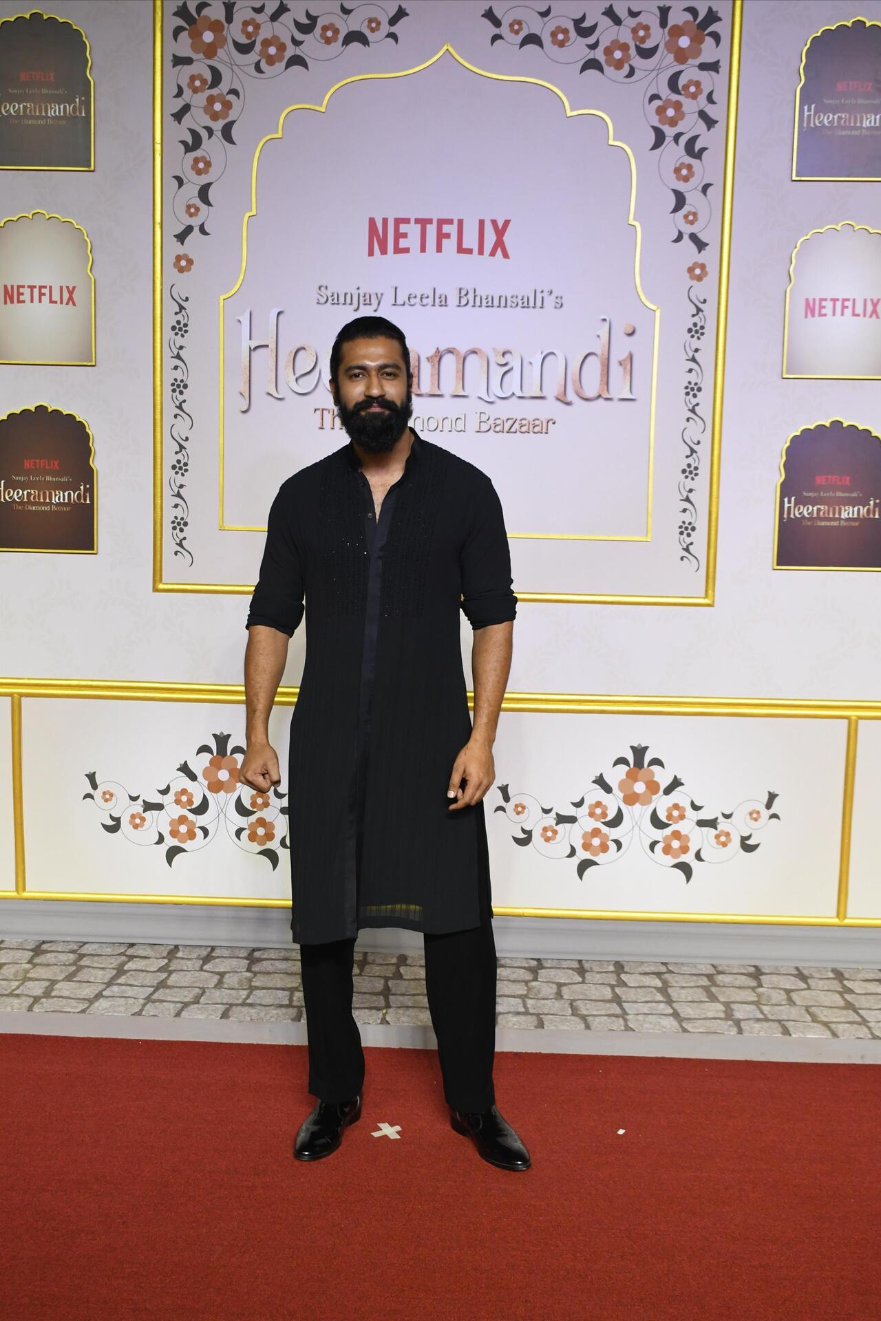 Vicky Kaushal opted for an all-black traditional look for the premiere. He will soon start filming for Bhansali's film 'Love and War' with Alia Bhatt and Ranbir Kapoor