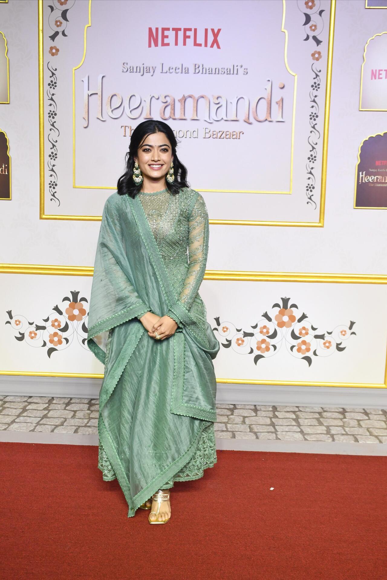 Rashmika Mandanna looked stunning in a green anarkali suit for the premiere