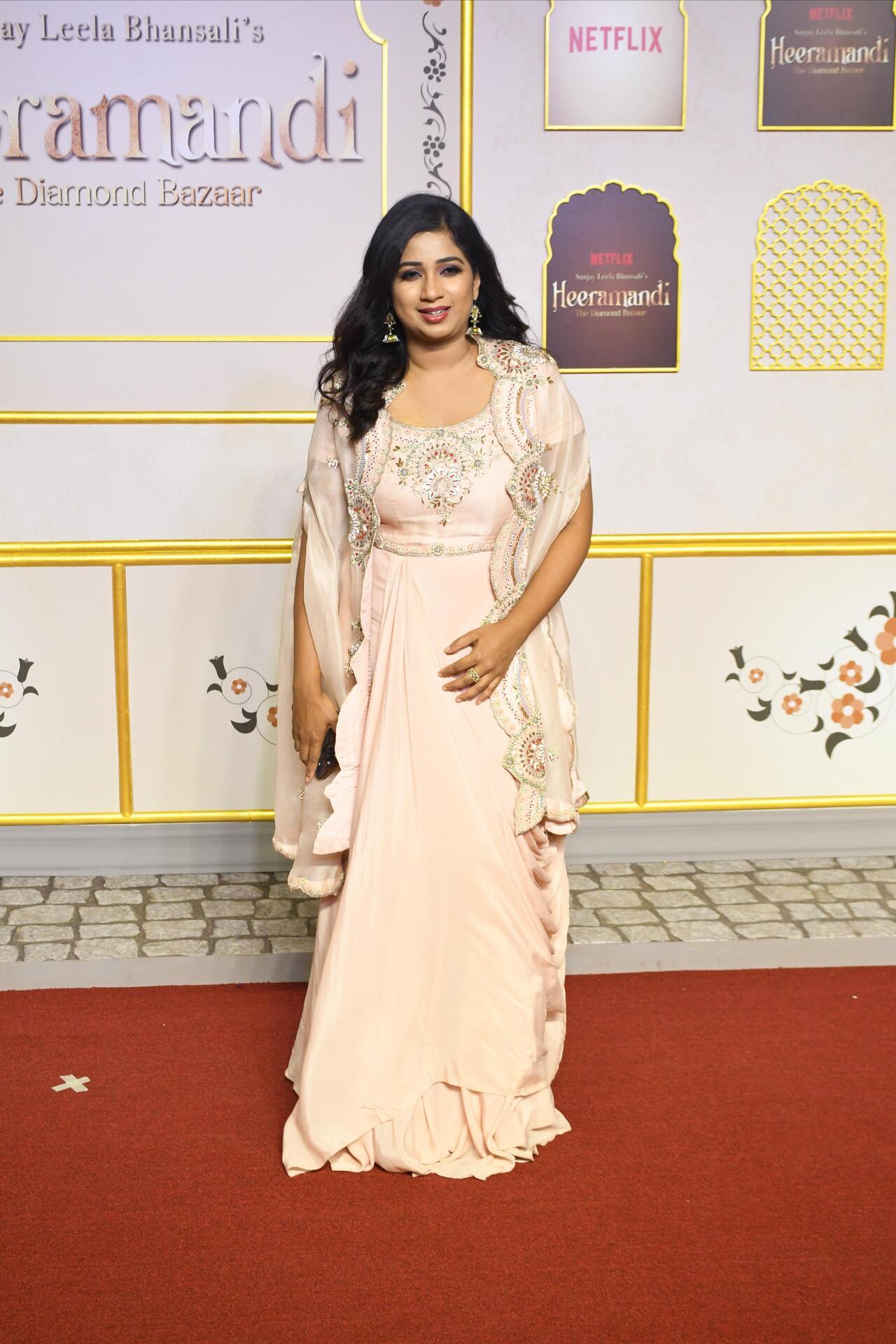 Singer Shreya Ghoshal also attended the premiere dressed in a pastel lehenga