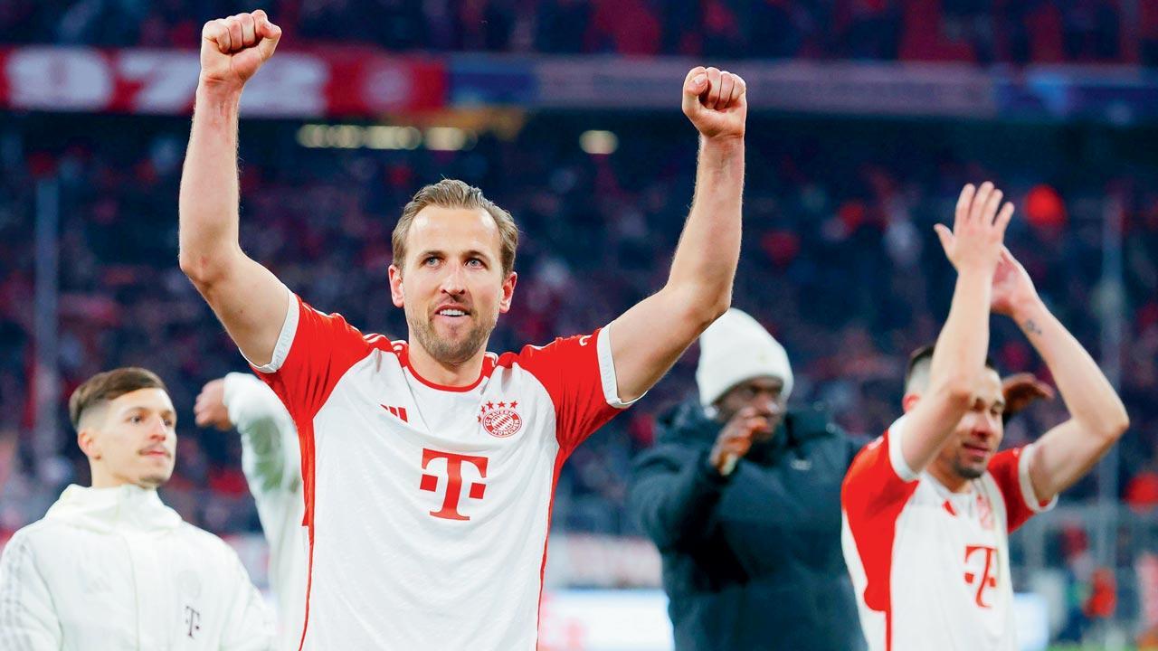 Bayern Munich’s Harry Kane celebrates their UCL quarter-final 2nd-leg win over Arsenal on Wednesday. Pic/Getty Images