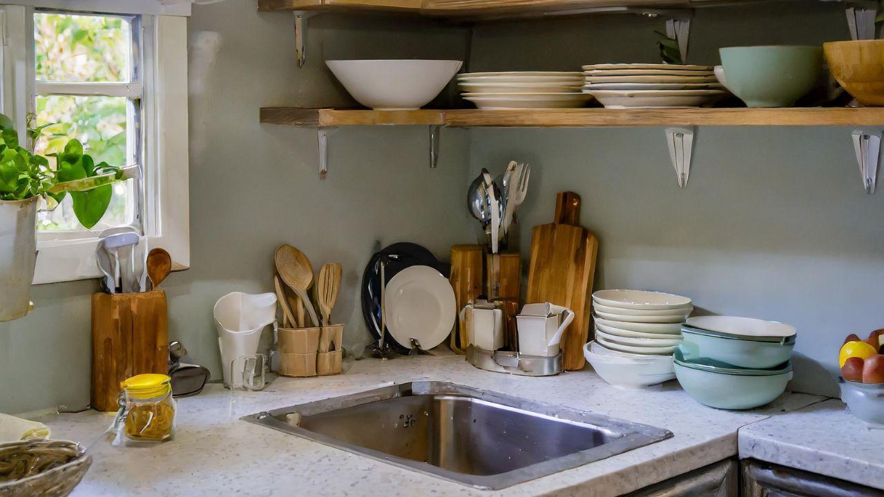 Organise with style: Keep your kitchen clutter-free by organizing your cookware, drinkware, and dinnerware in style. Invest in sleek storage solutions like open shelves, glass-front cabinets, or decorative hooks to showcase your collection while keeping everything within easy reach. 