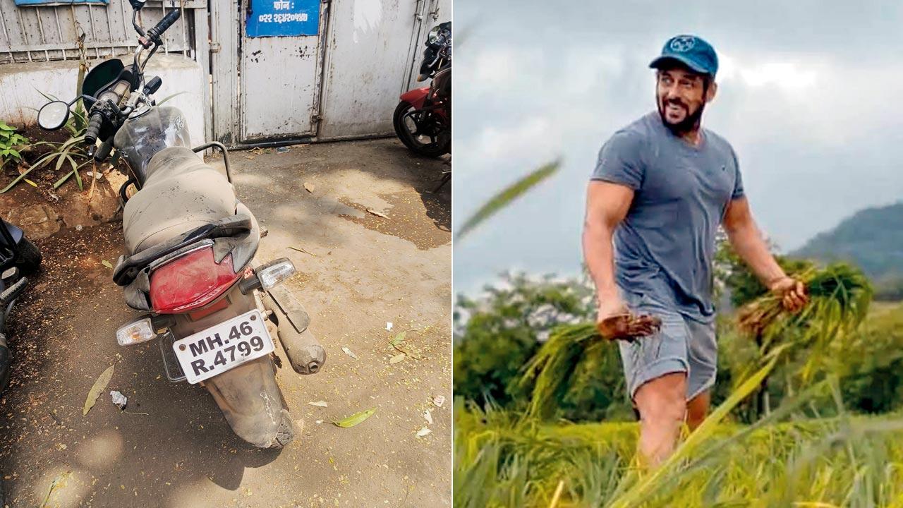 The bike abandoned by his henchmen; (right) Actor Salman Khan at his farmhouse. File pic 