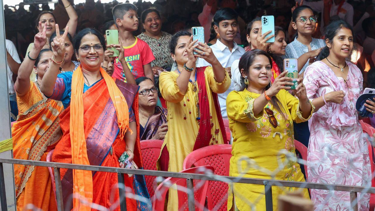 BJP supporters during Prime Minister Narendra Modi's public meeting ahead of the Lok Sabha elections, in Satara, Maharashtra on Monday. (ANI Photo)