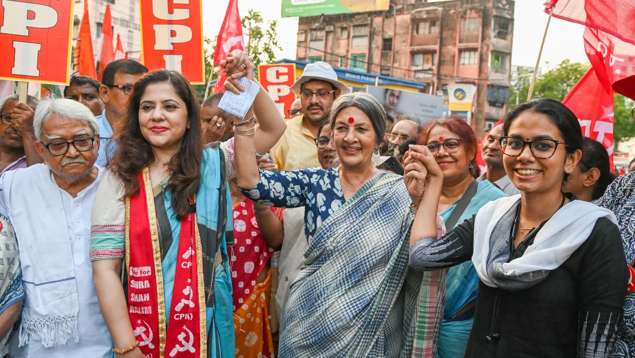 Left Front Chairman Biman Bose, CPI(M) leader Brinda Karat, SFI Delhi President Aishe Ghosh and others during an election roadshow in support of CPI(M) candidate from Kolkata South constituency Saira Shah Halim for the Lok Sabha polls, in Kolkata, Saturday, April 27, 2024 (PTI)