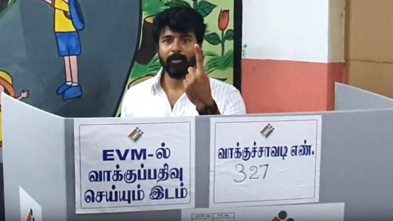 Siva Karthikeyan flaunts his inked finger after casting his vote