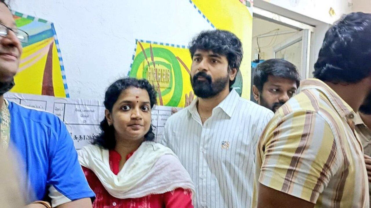 Siva Karthikeyan with his wife was snapped at a polling booth in Chennai