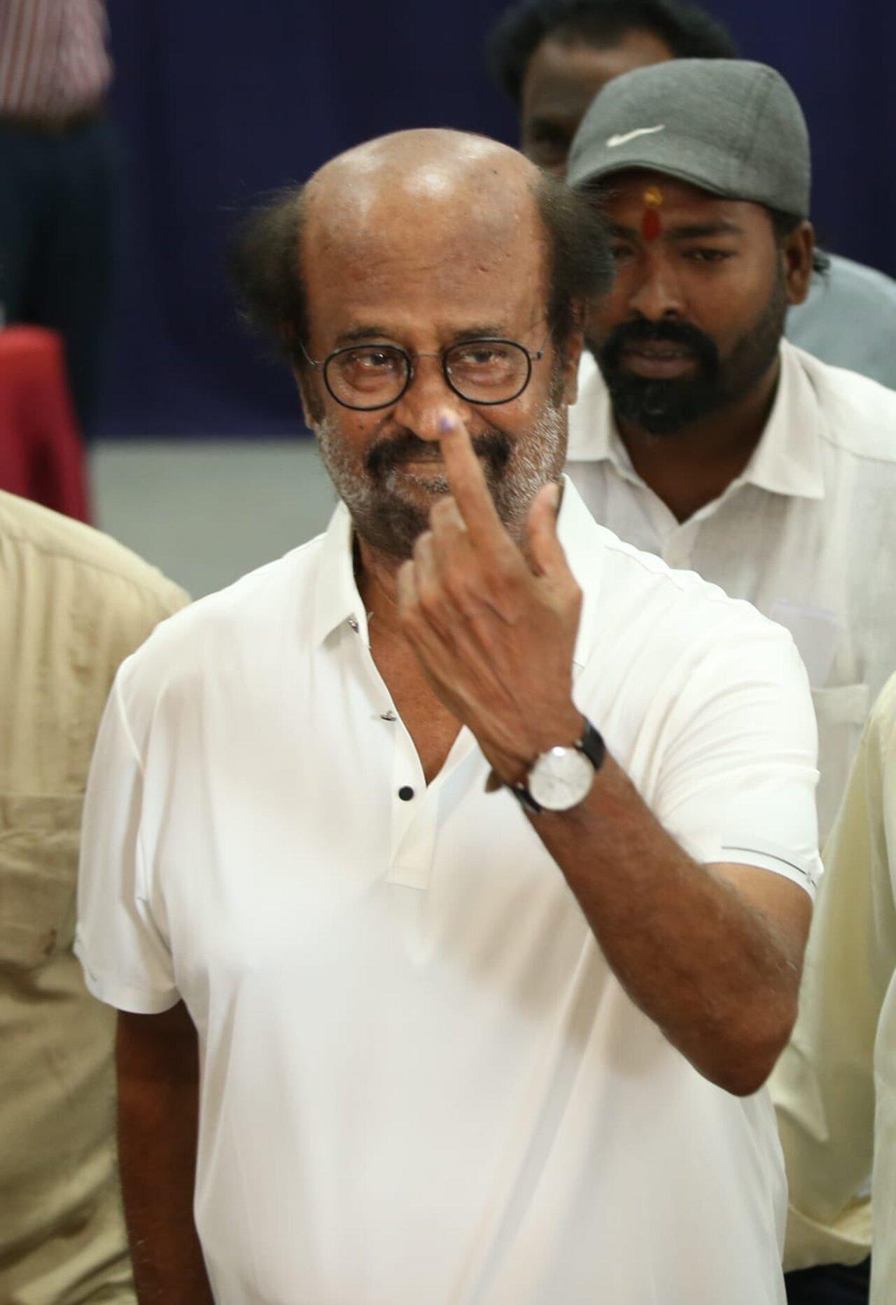 Rajinikanth flaunts his inked finger after he cast his vote in Chennai. He also encouraged the youth and others to cast their votes and fulfil their duty towards the country