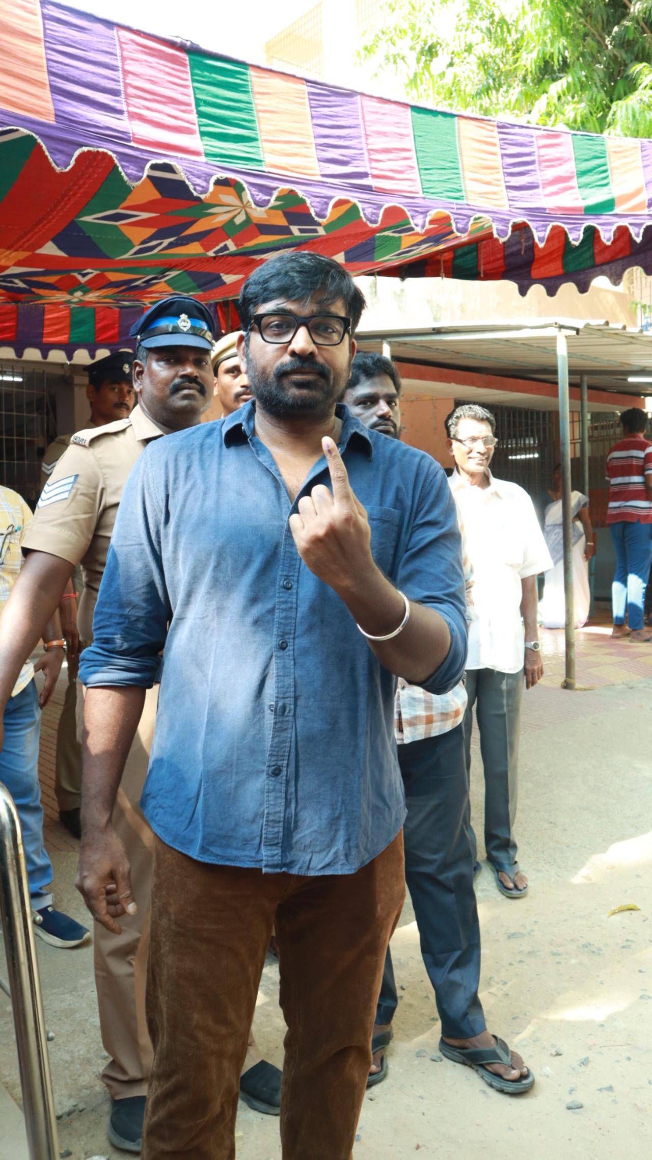 Actor Vijay Sethupathi also cast his vote on Friday morning and posed for the medi