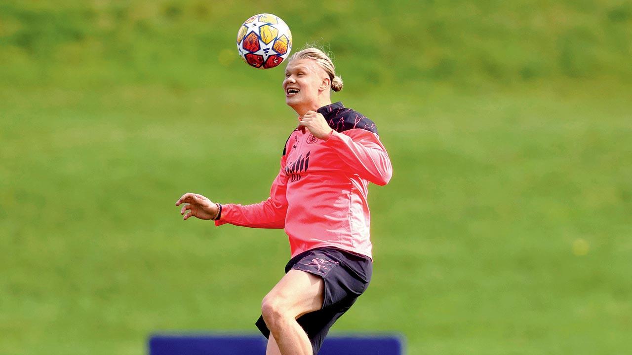 Manchester City’s Erling Haaland during a practice session in Manchester yesterday. Pic/AFP