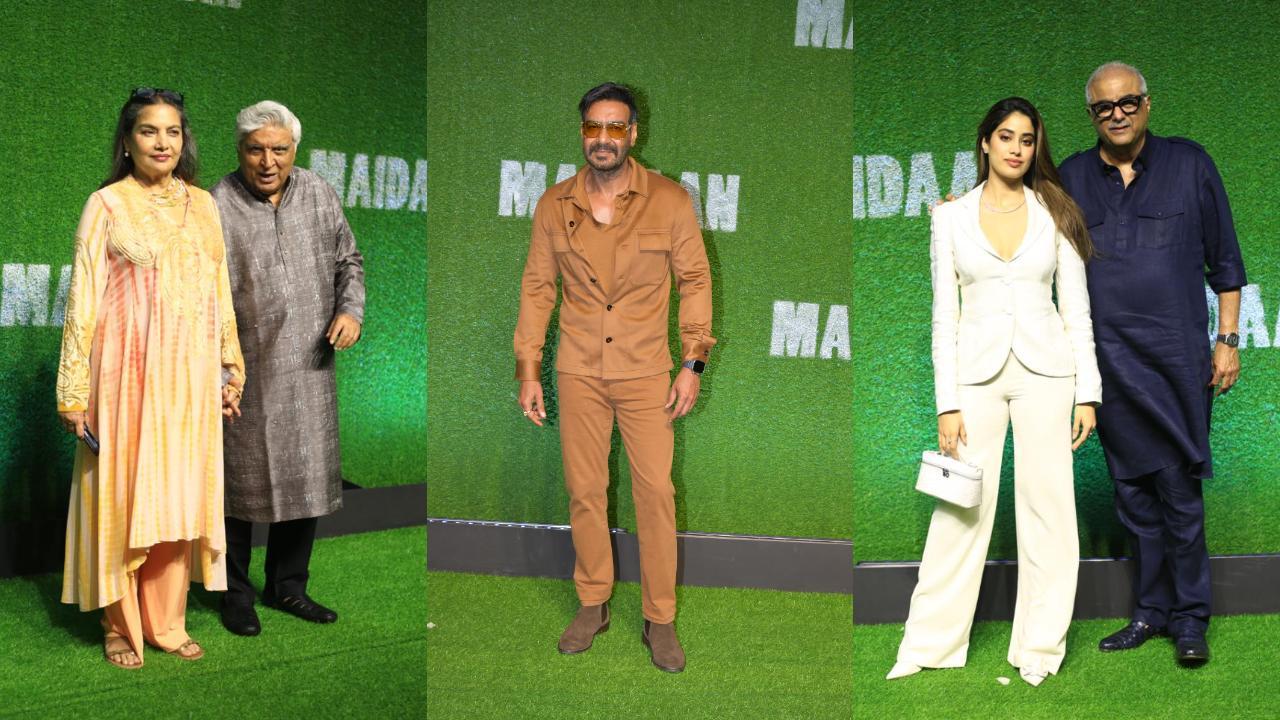 In Pic: Ajay Devgn, Shabana Azmi, Javed Akhtar, Janhvi Kapoor, Boney Kapoor. Pic/Yogen Shah