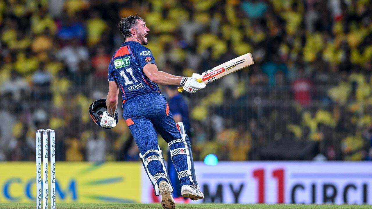 Lucknow Super Giants` Marcus Stoinis celebrates after his team`s win at the end of the Indian Premier League (IPL) Twenty20 cricket match between Chennai Super Kings and Lucknow Super Giants at the MA Chidambaram Stadium in Chennai. Pic/AFP
