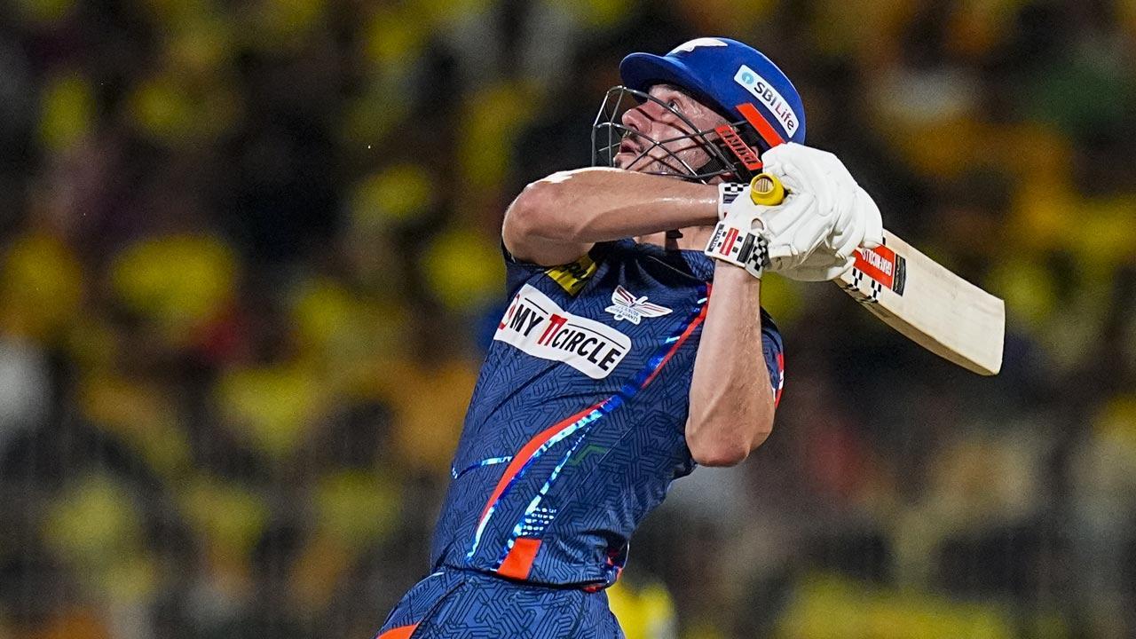 Lucknow Super Giants batter Marcus Stoinis plays a shot during the Indian Premier League (IPL) T20 cricket match between Chennai Super Kings and Lucknow Super Giants, at MA Chidambaram Stadium, in Chennai. Pic/PTI