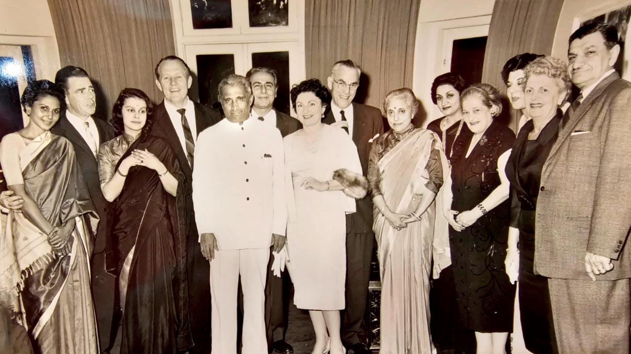Keki Modi, Ellen Modi and Pepe Chorosch stand first, third and fourth from right respectively, in a photo captured at a dinner hosted by the Modis and graced by Hollywood guests. They pose with Lois Linkletter (centre, in a white dress), Naval Tata, SK Patil,  Art Linkletter (fourth from left), Bob Andrews and Premila Wagle. Pic Courtesy/Maxie Cooper 