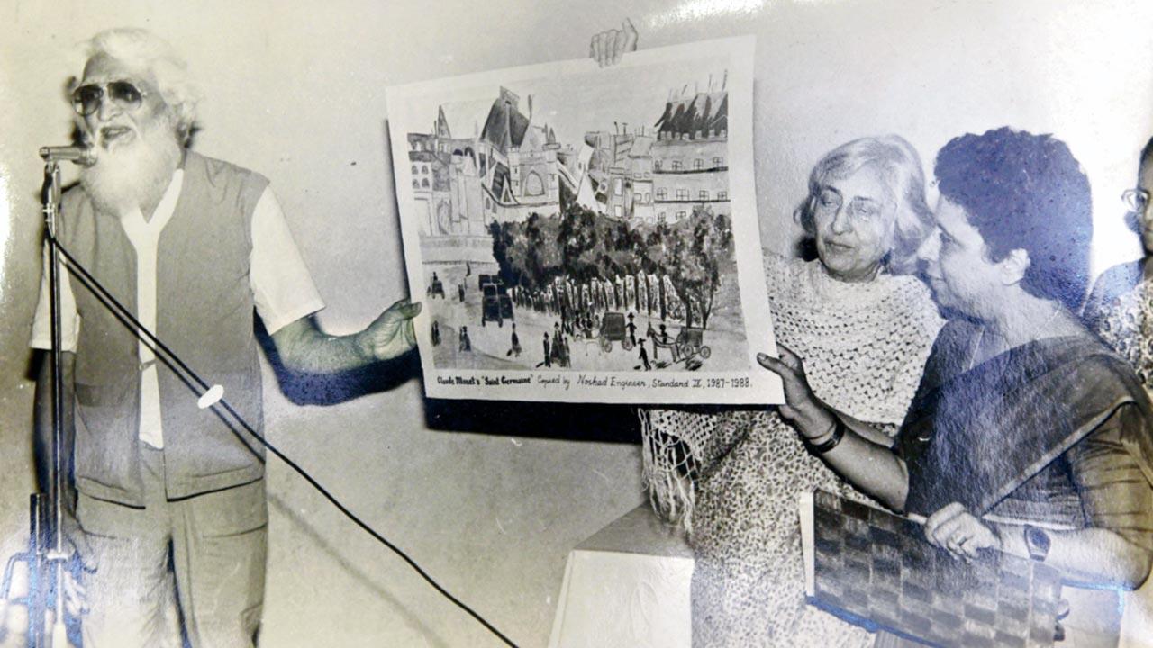 MF Husain judging an inter-school art event hosted by Doongaji; also seen is former headmistress Gool Ghadiali