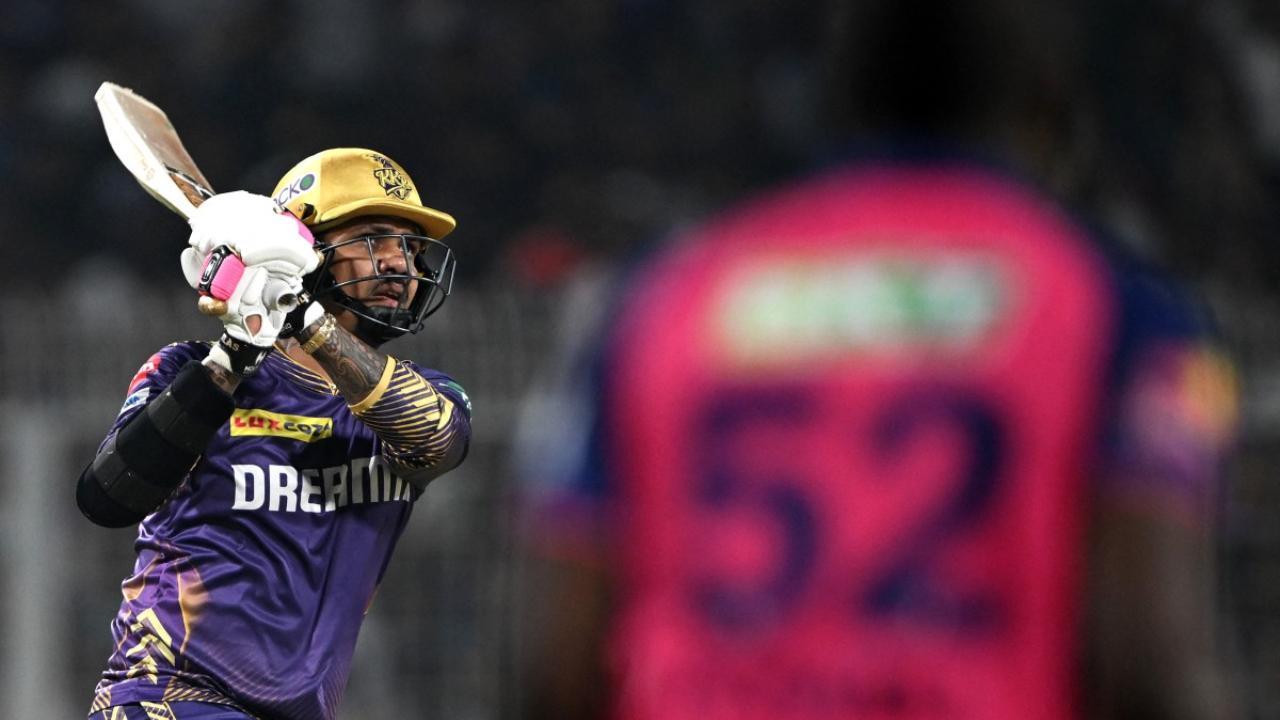Sunil Narine watches the ball after playing a shot (Pic: AFP)