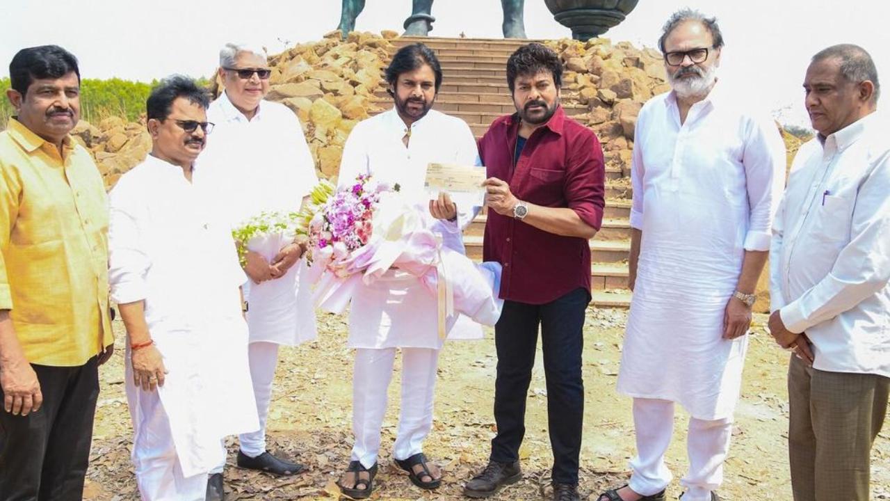 Chiranjeevi met Pawan Kalyan on the sets of his upcoming film. He reportedly donated Rs 5 crore to his brother's party Jana Sena. Read full story here