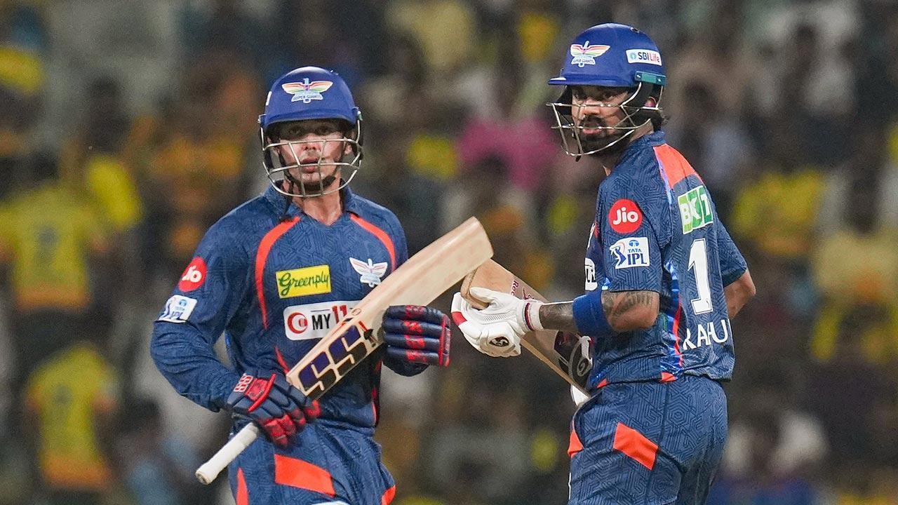 Lucknow Super Giants batters K L Rahul and Quinton de Kock during the Indian Premier League (IPL) 2024 T20 cricket match between Chennai Super Kings and Lucknow Super Giants at Ekana Cricket Stadium, in Lucknow. Pic/PTI