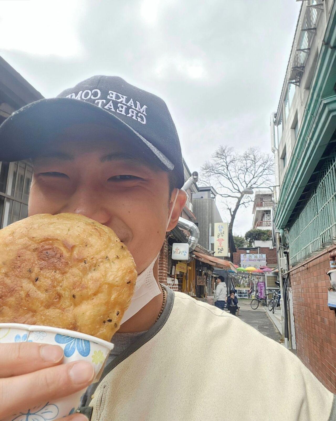 RM also treated himself with some hotteok a type of filled pancake which is a popular street food in South Korea. 