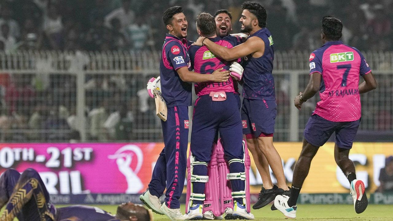 RR players celebrate their win over KKR at Eden Gardens. Pic/PTI