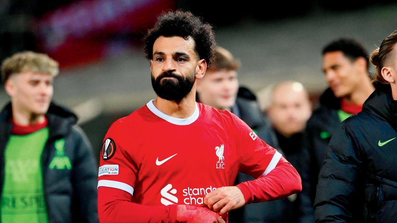 Liverpool scorer Mohamed Salah wears a dejected look after being knocked out of the Europa League on Thursday. Pics/Getty Images	