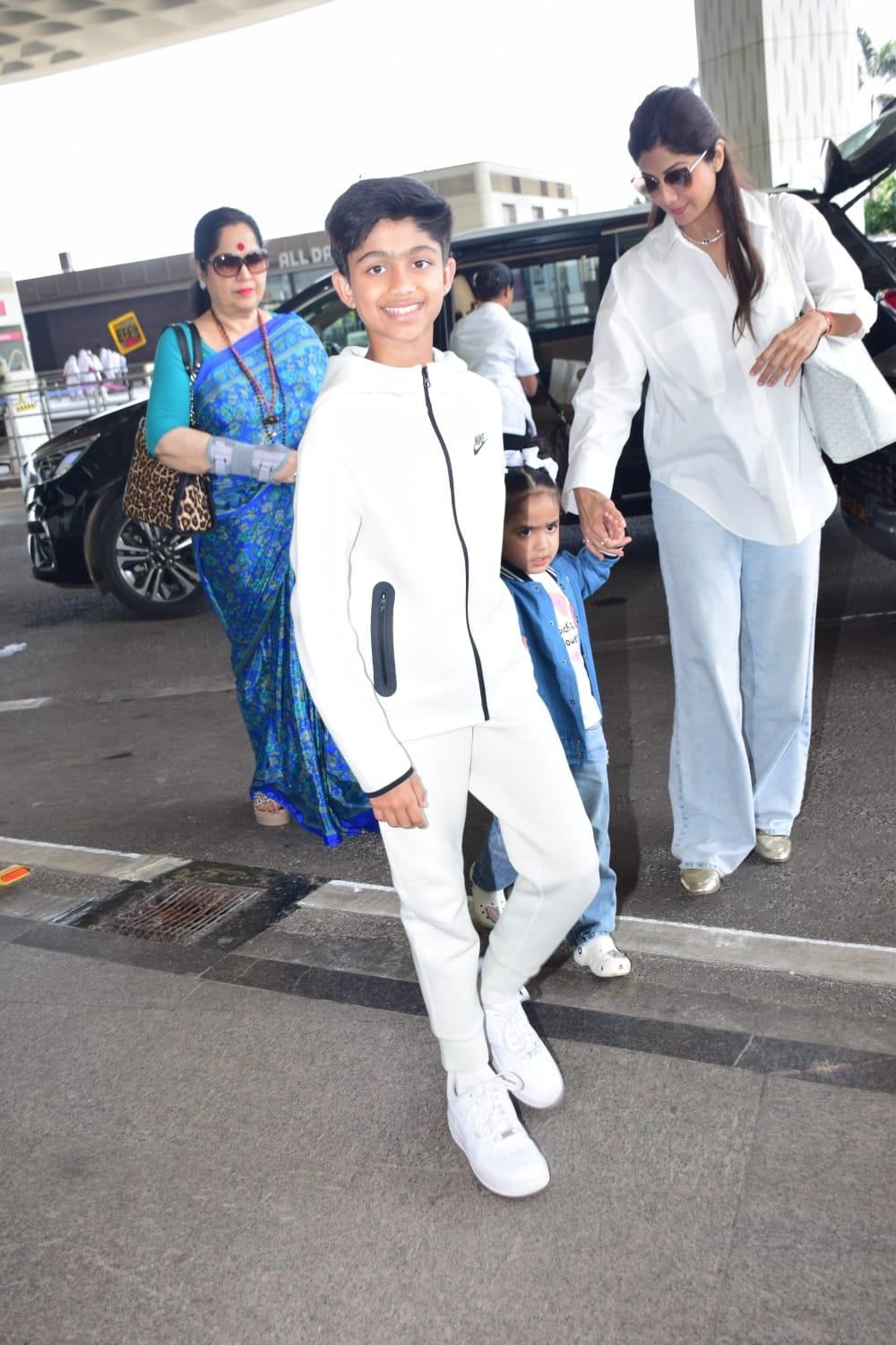 Shilpa Shetty was spotted at the Mumbai airport with her kids and mother