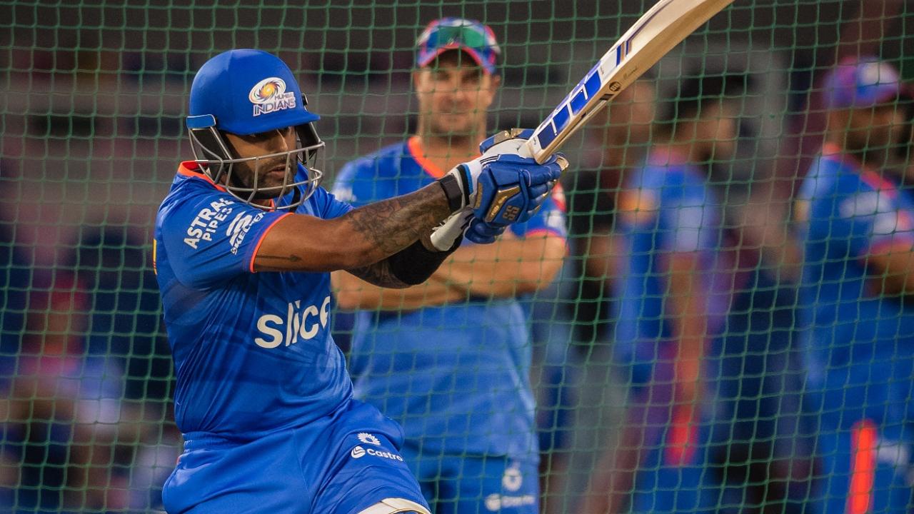 Mumbai Indians' key batsman Suryakumar Yadav was seen playing his extra-ordinary shots during the net session before the IPL 2024 match against Rajasthan Royals
