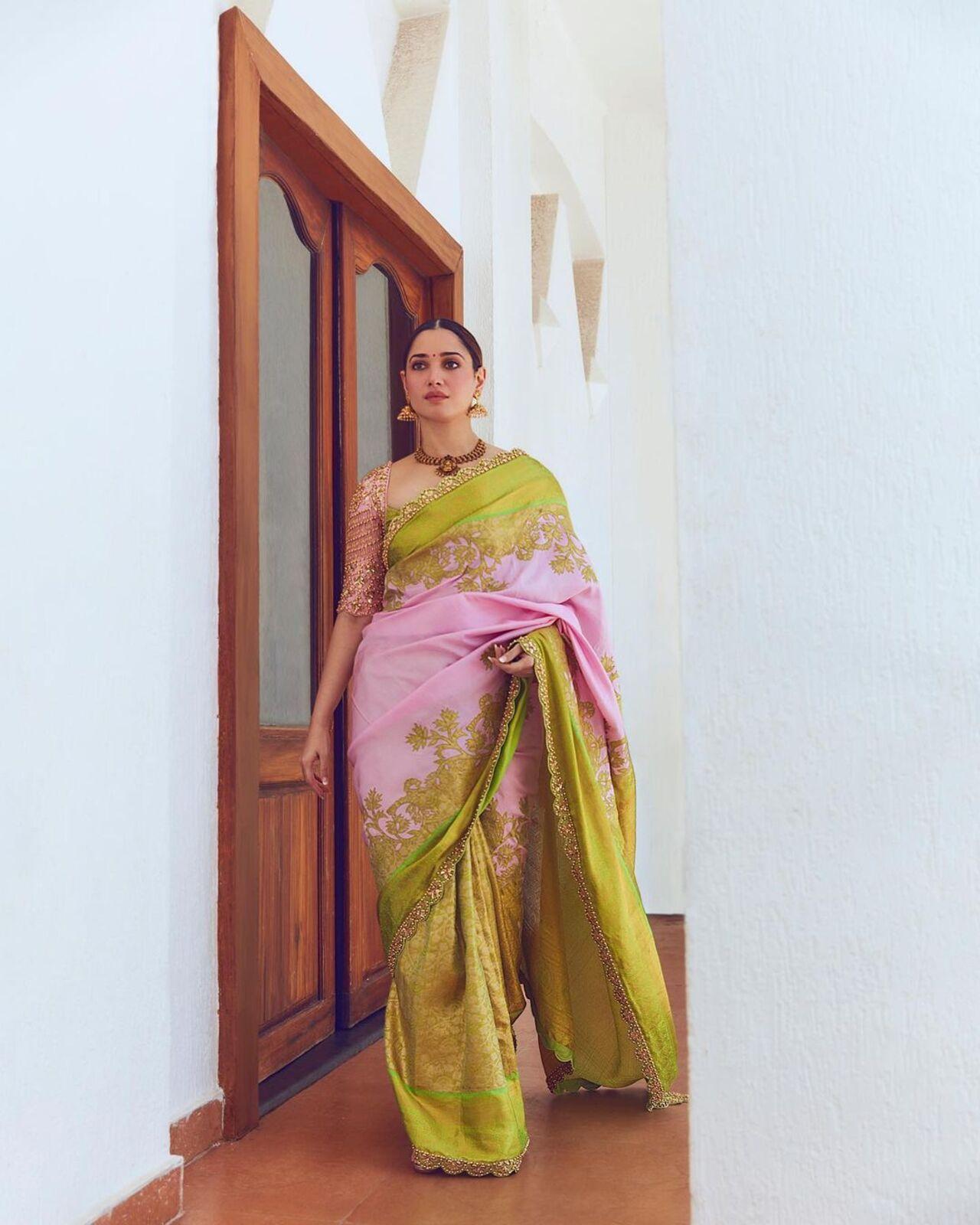 Play with colours this festive season. Tamannaah Bhatia's pink and green saree is a perfect combo to stand out as you celebrate with your loved ones