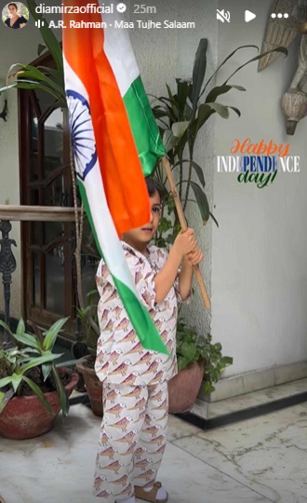 Dia Mirza shared a picture of her son waving the Indian flag at their home