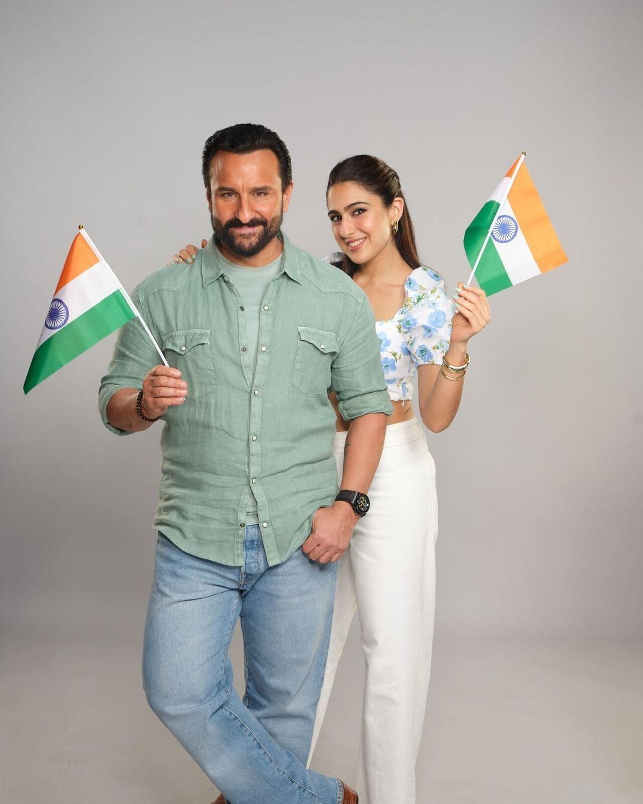Father-daughter duo Saif Ali Khan and Sara Ali Khan wave the Indian flag while wishing netizens on India's 78th Independence Day