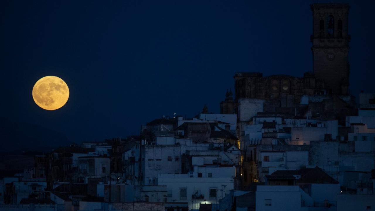 The Super Blue Moon rising in Arcos de la Frontera, Spain on August 19, 2024