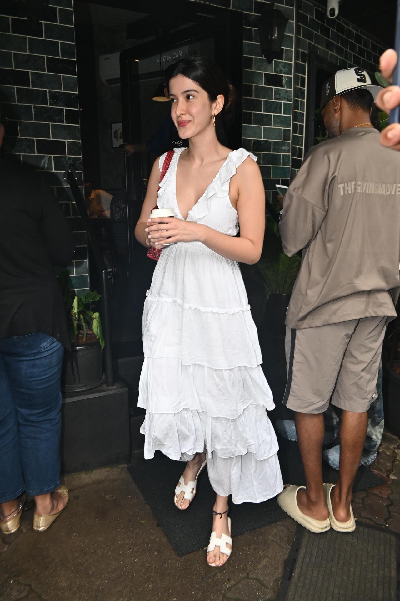 Shanaya Kapoor was spotted in frill white dress for a day out with her girl gang